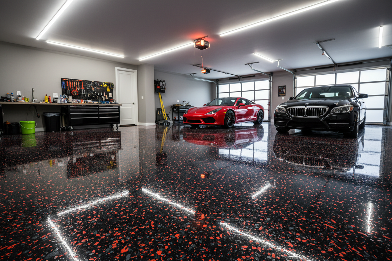 red and black flake epoxy in luxurious garage